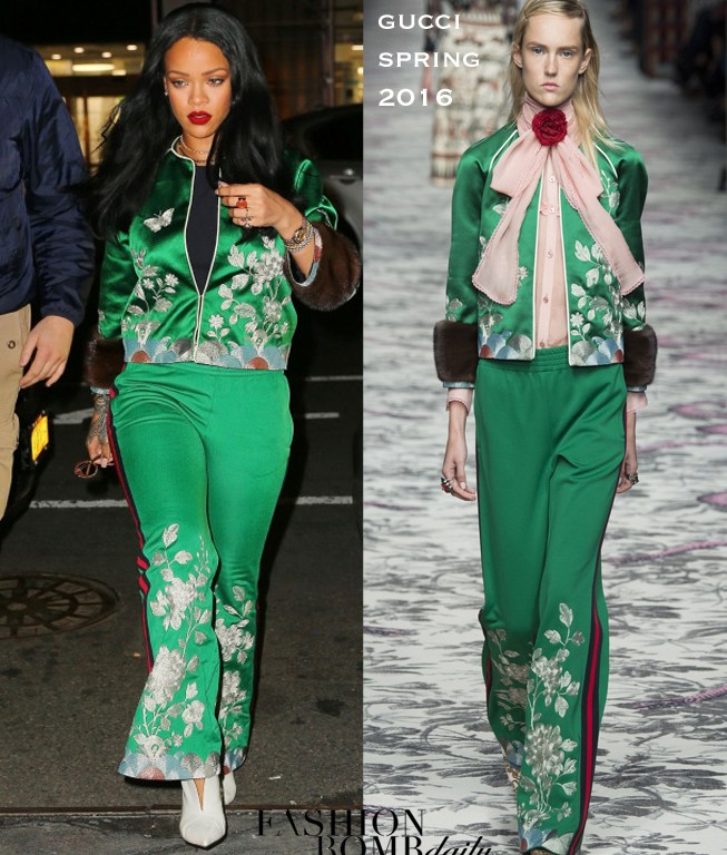 Splurge: Rihanna’s New York City Gucci Spring 2016 Green Floral Embroidered Track Jacket and Pants