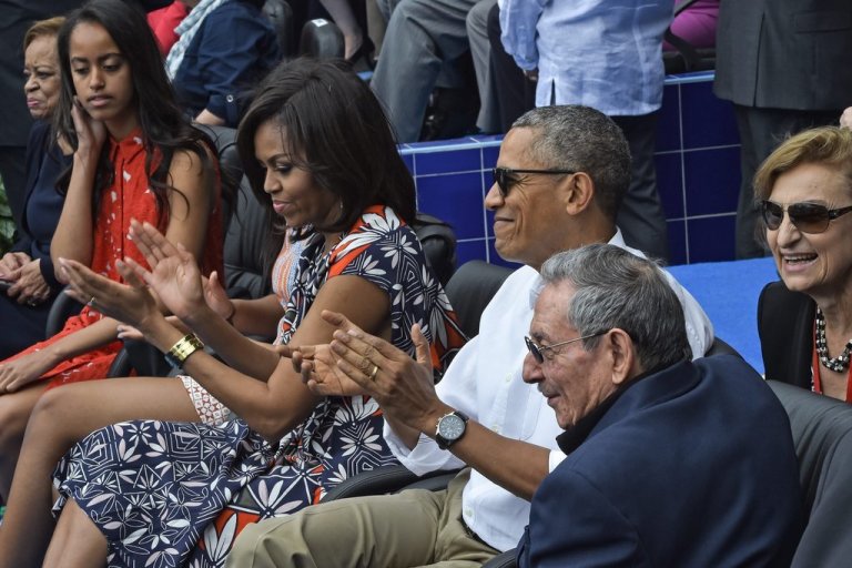 Splurge: FLOTUS Michelle Obama’s Cuban MLB Exhibition Game Tory Burch Silk Wrap Tory Navy Dress