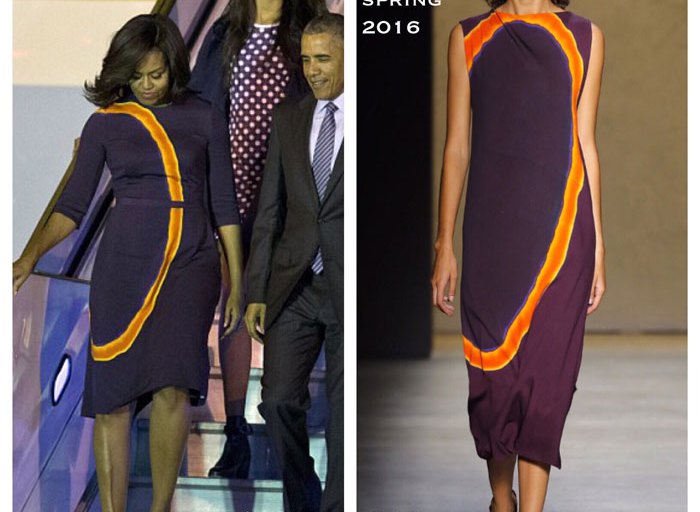 First Lady Michelle Obama Wears Narcisco Rodriguez Spring 2016 Burgundy and Orange Three Quarter Sleeved Printed Midi Dress In Buenos Aires