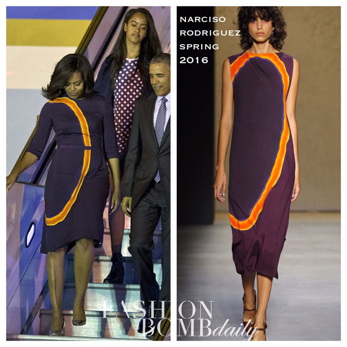 First Lady Michelle Obama Wears Narcisco Rodriguez Spring 2016 Burgundy and Orange Three Quarter Sleeved Printed Midi Dress In Buenos Aires
