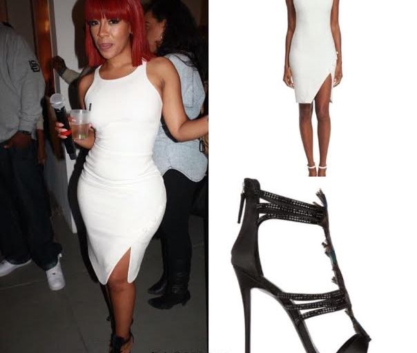 Get the Look: K. Michelle’s More Issues Than Vogue New York Listening Party Elizabeth and James Sophia Cream Slit Dress and Giuseppe Zanotti Madeline Black Feather Crystal Sandals