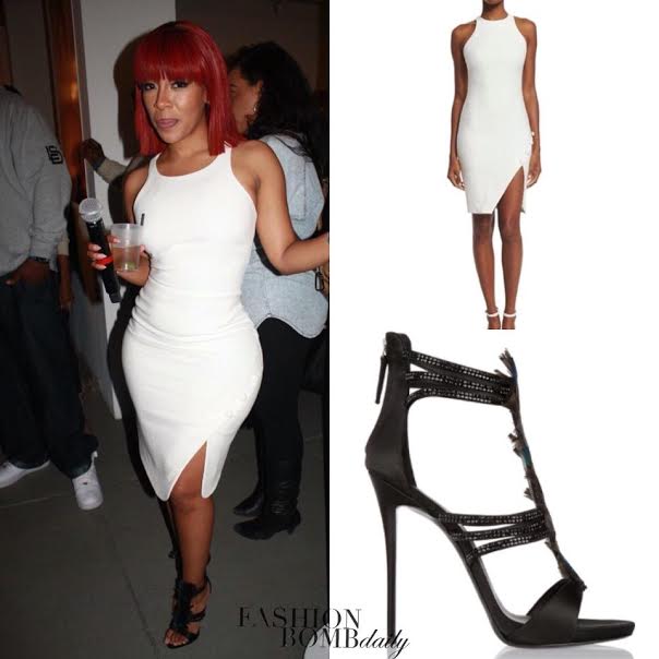 Get the Look: K. Michelle’s More Issues Than Vogue New York Listening Party Elizabeth and James Sophia Cream Slit Dress and Giuseppe Zanotti Madeline Black Feather Crystal Sandals