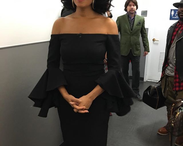 Splurge: Tracee Ellis Ross’s Today Show Ellery Black Precocious Off-the-Shoulder Crepe Midi Dress