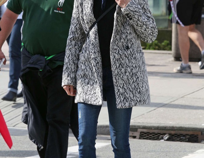 Splurge: Jamie Chung’s Vancouver Banana Republic Chevron Jacquard Double Breasted Coat and Tamara Mellon Black Leather Elixir Grommet Buckle Bag