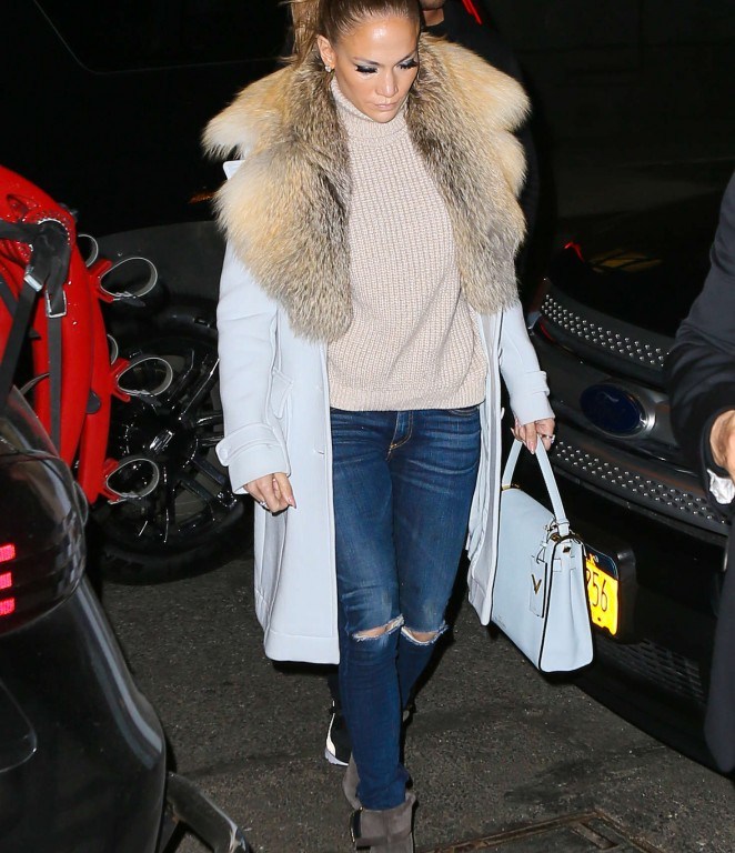 Splurge: Jennifer Lopez’s Los Angeles Altuzarra Fox Fur Collar Claypoole Coat, Valentino My Rockstud Top Handle Satchel Bag, and Giuseppe Zanotti Grey Vera Boots