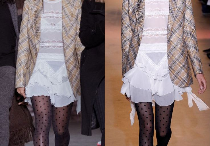 Hot! or Hmm… Kelly Rowland’s John Galliano Fall 2016 Show John Galliano Spring 2016 Plaid Blazer, White Sheer Lace and Ruffle Dress, and Black Swiss Dot Tights