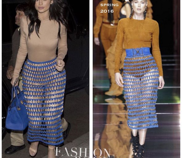 Hot! Or Hmm… Kylie Jenner’s LA Dinner Balmain Spring 2016 Cobalt Blue Mesh Pencil Skirt