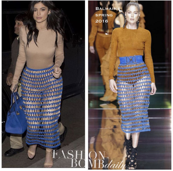 Hot! Or Hmm… Kylie Jenner’s LA Dinner Balmain Spring 2016 Cobalt Blue Mesh Pencil Skirt