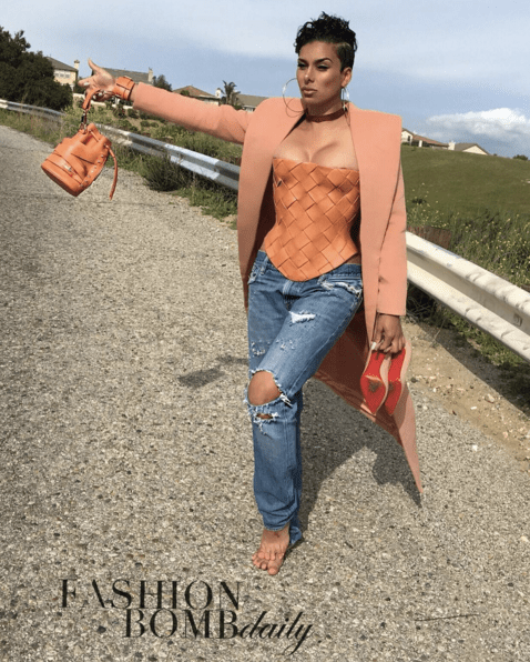 Hot! or Hmm…: Laura Govan’s Instagram House of CB Moren Dusty Pink Wool Mix Coat, Marina Hoermanseder Basket Weave Corset, and Levi’s Jeans
