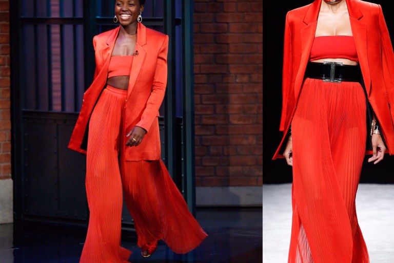 Hot!…or Hmm: Lupita Nyong’o Late Night with Seth Meyers’ Balmain Spring 2015 Red Orange Three Piece Suit