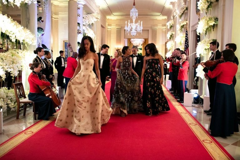First Daughters Malia Obama and Sasha Obama in Naeem Khan Gowns at the State Dinner Honoring Canadian Prime Minister Justin Trudeau