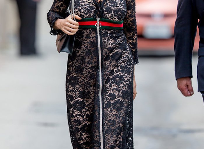 Splurge: Salma Hayek’s <i> Jimmy Kimmel Live </i> Spring 2016 Gucci Black Cotton Blend Lace Zip Front Ribbed Waist Band Ruffled Trim Dress