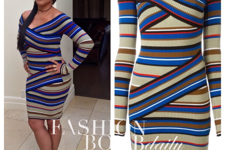 Wardrobe Query: Shaunie O’Neal’s Instagram MSGM Beige, Blue, and Red Off the Shoulder Striped Bandage Dress