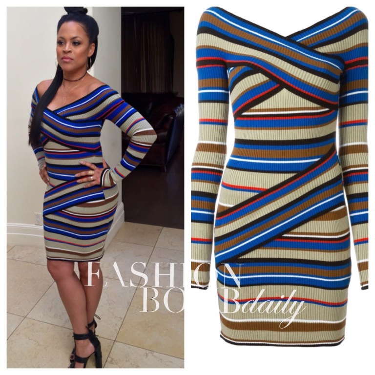 Wardrobe Query: Shaunie O’Neal’s Instagram MSGM Beige, Blue, and Red Off the Shoulder Striped Bandage Dress