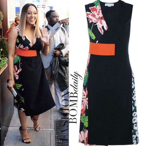 Splurge: Tia Mowry’s New York City Stella McCartney Agnes Colorblock Black and Floral Dress and Stuart Weitzman Nudist Sandals