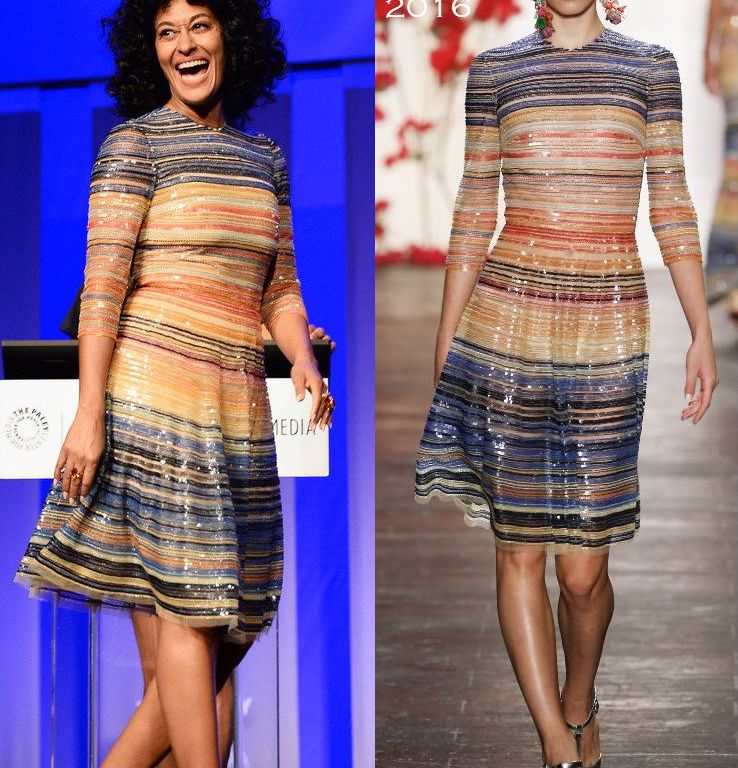 Hot! or Hmm… Tracee Ellis Ross’s The Paley Center For Media’s 33rd Annual PALEYFEST <em>Black-ish</em> Panel Naeem Khan Spring 2016 Multicolor Sequin Stripe Dress and Paul Andrew Navy Stanton Sandals