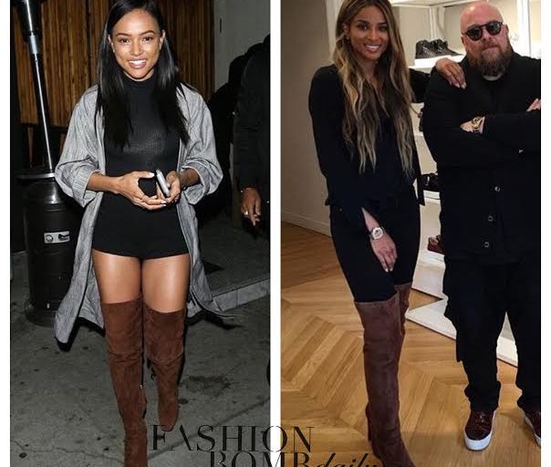 Who Wore it Better? Karrueche vs Ciara in Giuseppe Zanotti Alabama Thigh High Brown Suede Boots