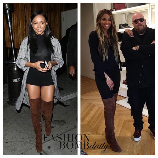 Who Wore it Better? Karrueche vs Ciara in Giuseppe Zanotti Alabama Thigh High Brown Suede Boots