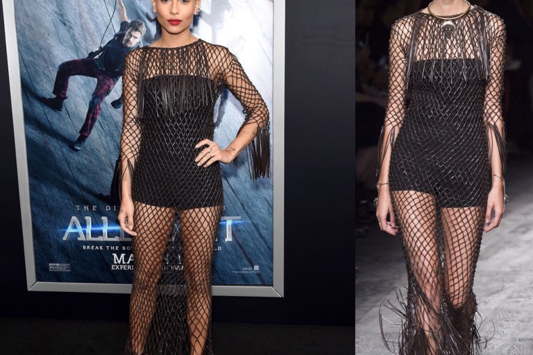 Hot!…or Hmmm: Zoe Kravitz Allegiant Premiere’s Valentino Spring 2016 Black Fishnet Dress and Black Bodysuit