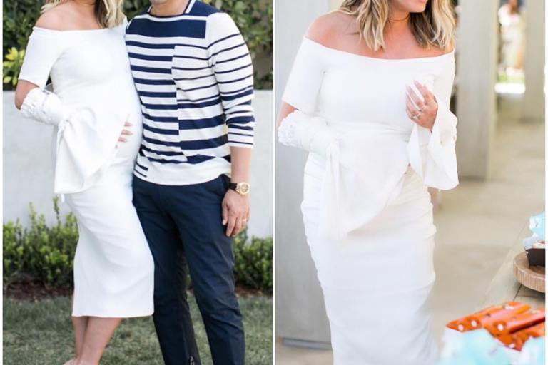 Splurge: Chrissy Teigen’s Baby Shower Ellery White Claude Off the Shoulder Satin Crepe Dress