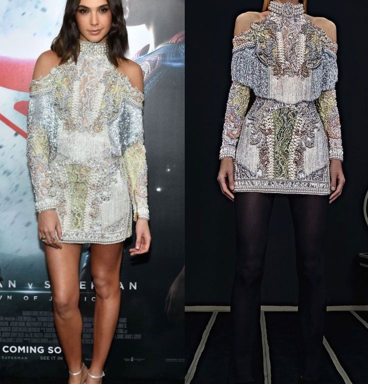 Hot! or Hmm… Gal Gadot’s <em>Batman vs. Superman</em> New York Premiere Balmain Pre-Fall 2016 Multicolor Embellished Fringe Cutout Shoulder Mini Dress