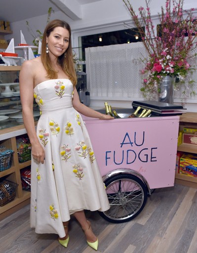 Hot! Or Hmm… Jessica Biel’s West Hollywood Au Fudge Grand Opening Giambattista Valli Haute Couture 7 White Floral Embroidered Strapless Dress and Christian Louboutin Rivierina Ankle Strap Pumps