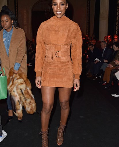 Hot! Or Hmm… Kelly Rowland’s Paris Fashion Week Spring 2016 Balmain Brown Suede Long Sleeve Mini Dress