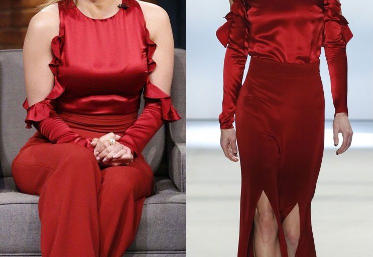 Hot! or Hmm… Jennifer Lopez’s Late Night with Seth Meyers Cushnie et Ochs Fall 2016 Red Open Shoulder Ruffle Top and Red High Waist Trousers