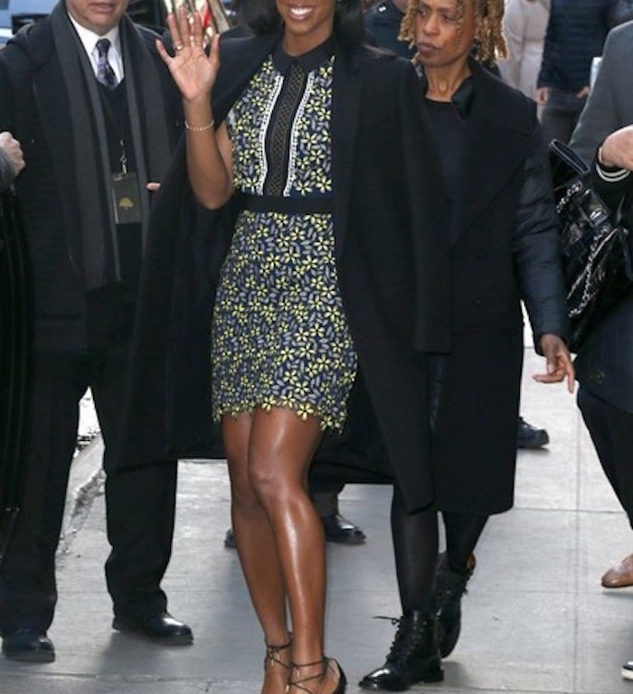 Splurge: Kelly Rowland’s <i> Good Morning America </i> Self Portrait Yellow, Black, And White Ruffle Trim Daisy Mesh Detail Sleeveless Dress