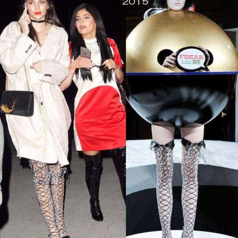 Hot! or Hmm… Kendall Jenner’s Los Angeles Lakers Game Sophia Webster Fall 2015 Lace Up Thigh High Cap Toe Boots and Saint Laurent Cassandre Shoulder Bag + Kylie Jenner’s Opening Ceremony Bonsai Embroidered Silk Varsity Dress