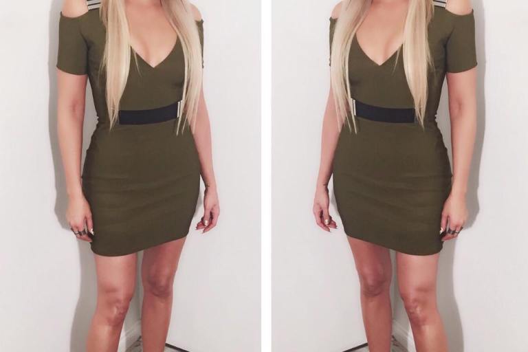 Splurge: Khloe Kardashian’s Instagram Mugler Army Green Cutout Embellished Stretch Crepe Mini Dress