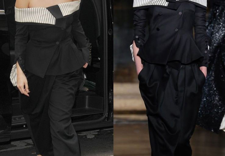 Hot! or Hmm… Selena Gomez’s Ginger Restaurant Monse Fall 2016 Off-the-shoulder Stripe Accented Blazer and Cropped Trousers