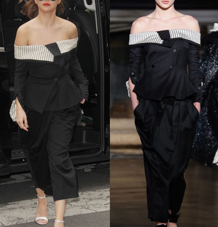 Hot! or Hmm… Selena Gomez’s Ginger Restaurant Monse Fall 2016 Off-the-shoulder Stripe Accented Blazer and Cropped Trousers