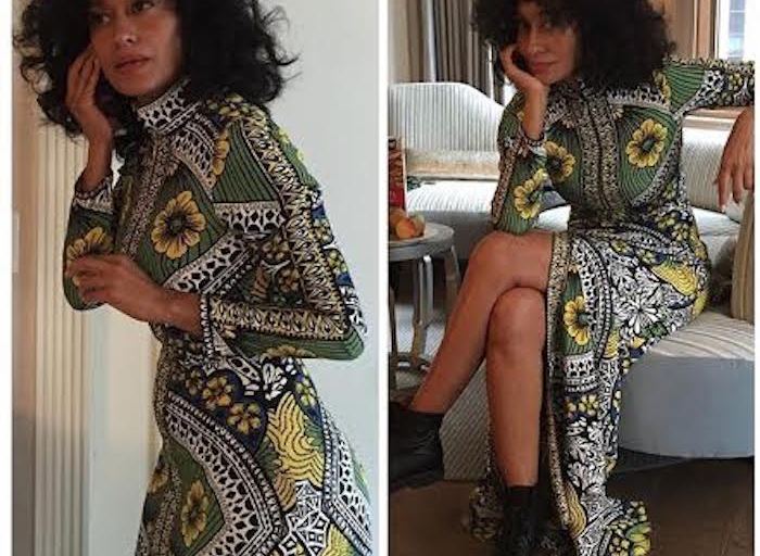 Splurge: Tracee Ellis Ross’s Instagram Naeem Khan Spring 2016 Floral Print High Neck Long Sleeve Front Center Slit Tunic Gown