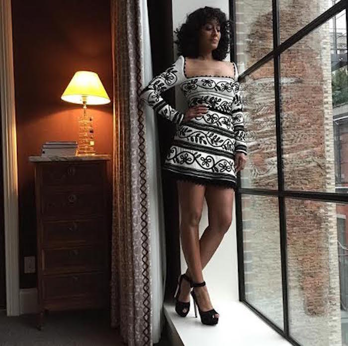 Hot! Or Hmm…: Tracee Ellis Ross’s Instagram Yanina Couture Black and White Floral Embroidered Long Sleeve Triangle Detail Neckline & Hem Mini Dress And Prada Suede Platform Open Toe Ankle Strap Sandals