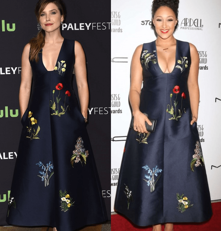 Who Wore It Better? Sophia Bush vs. Tamera Mowry-Housley in Stella McCartney’s Ink Kaitlyn Floral Embroidered Shantung Midi Dress