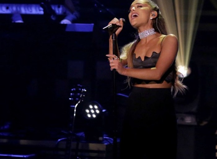 Splurge: Ariana Grande’s The Tonight Show Jonathan Simkhai Black Satin Scalloped Edge Cropped Top And Bond Flare Leg Pants