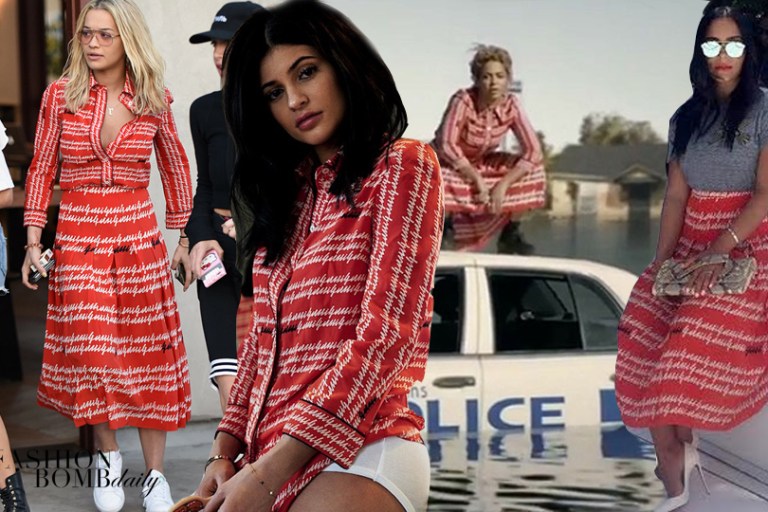 Celebrities Love: Gucci’s Spring 2016 Red Cursive Ivory And Black Printed Pleated Skirt And Shirt