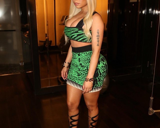 Hot or Hmm…: Nicki Minaj ‘s Las Vegas T-Mobile Arena Official Public Opening Fausto Puglisi Green Zebra Patterned Bralette and Skirt and Christian Louboutin Amazoula Black Lace Up Sandals