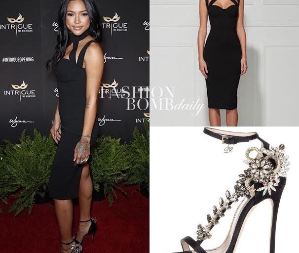 Hot or Hmm…: Karrueche Tran’s Intrigue Nightclub Grand Opening Misha Collection Claudia Dress and DSquared2 12 CM Satin High Heel Sandal With Jewel Detail