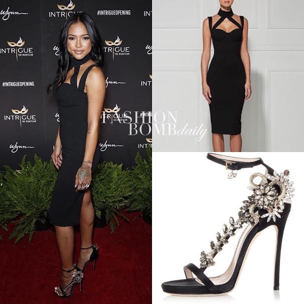 Hot or Hmm…: Karrueche Tran’s Intrigue Nightclub Grand Opening Misha Collection Claudia Dress and DSquared2 12 CM Satin High Heel Sandal With Jewel Detail