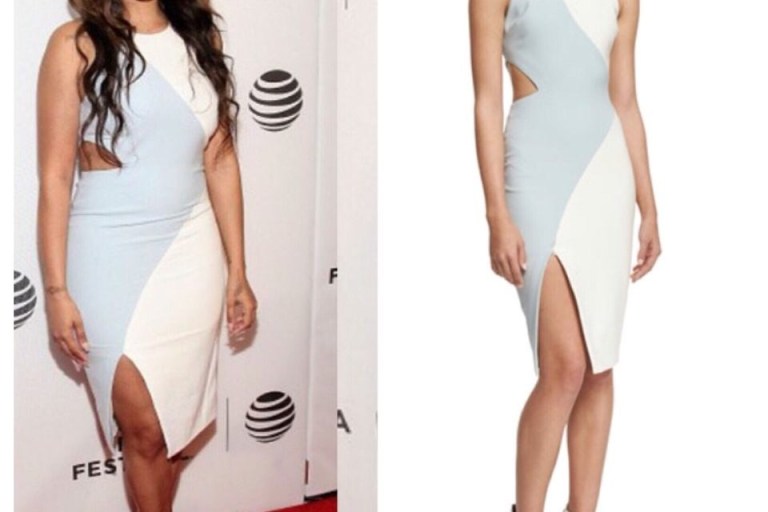 Splurge: Lala Anthony’s TriBeCa Daring Women Talk’s Elizabeth and James Blue and White High Slit Amina Cut Out Dress