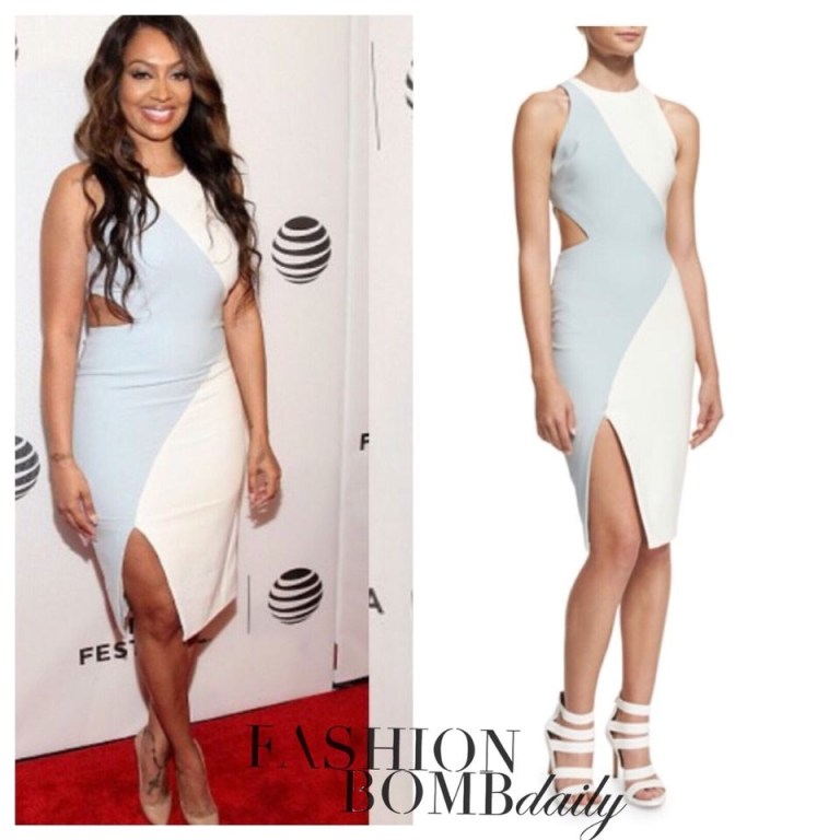 Splurge: Lala Anthony’s TriBeCa Daring Women Talk’s Elizabeth and James Blue and White High Slit Amina Cut Out Dress