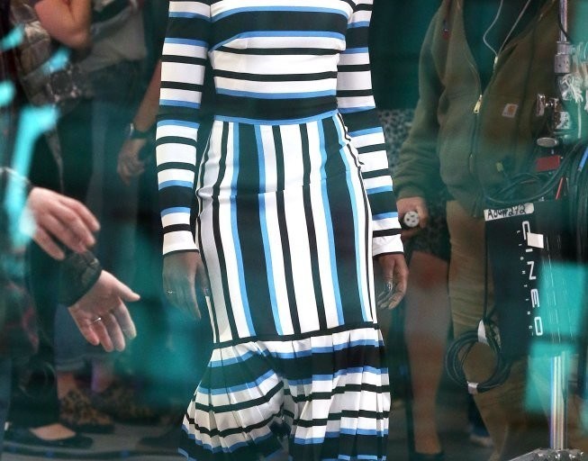 Hot! Or Hmm… Lupita Nyong’o’s Good Morning America Blue, Black and White Striped Custom Dolce and Gabbana Pleated Hem Midi Dress