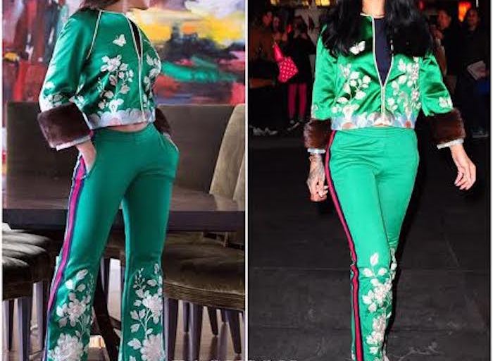 Who Wore It Better? Marjorie Harvey vs. Rihanna In Gucci Spring 2016 Green Floral Embroidered Track Jacket and Pants