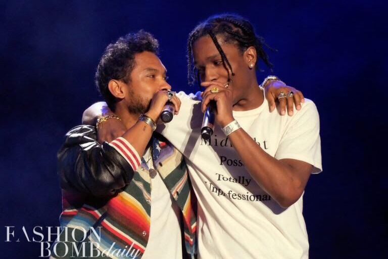 Men’s Fashion Flash: Miguel’s Coachella Saint Laurent Multicolored Striped Bomber Jacket and ASAP Rocky’s Midnight Studios Posse T-Shirt