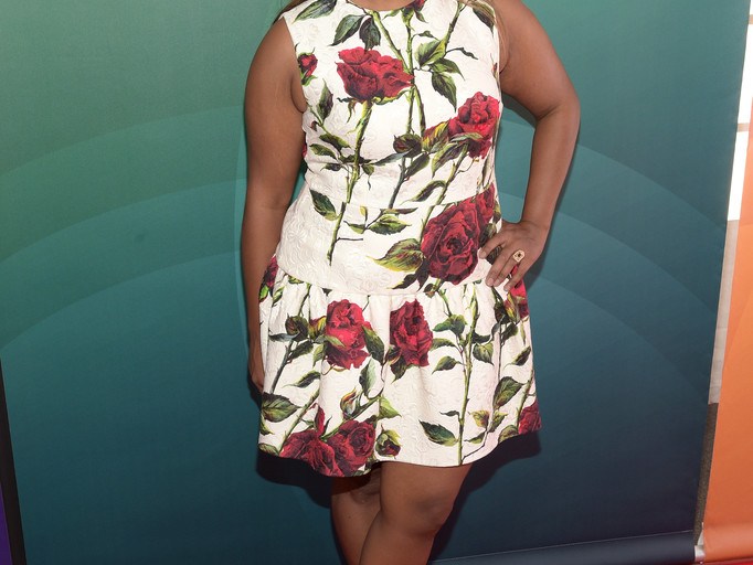 Splurge: Mindy Kaling’s 2016 NBCUniversal Summer Press Day Dolce & Gabbana Rose Print Drop Waist Dress and Valentino Rockstud Caged Pumps