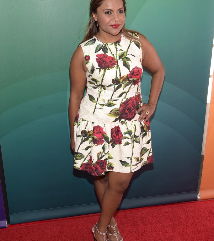 Splurge: Mindy Kaling’s 2016 NBCUniversal Summer Press Day Dolce & Gabbana Rose Print Drop Waist Dress and Valentino Rockstud Caged Pumps