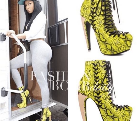 Steal: Nicki Minaj’s Barbershop 2 Set Privileged Neon Yellow Green Lace Up “Stay High” Boots