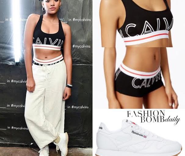 Steal: Amandla Stenberg’s Calvin Klein In the Desert Party Calvin Klein Modern Cotton Exposed Logo Bralette, Boy Shorts and Reebok White Leather Classic Sneakers